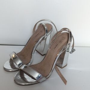 Silver Strappy Block Heel Sandals